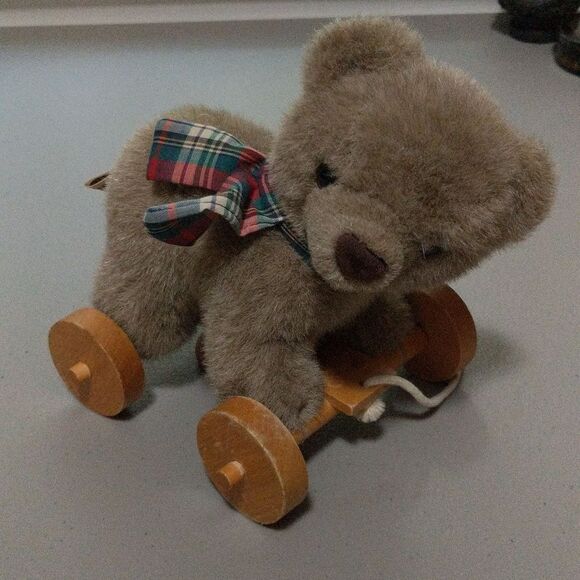 Applausse pull behind toy bear with tartan plaid scarf wheels faux fur - Picture 10 of 11